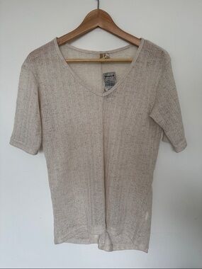 BKE Sheer Cream V-Neck Short Sleeve Knit Top